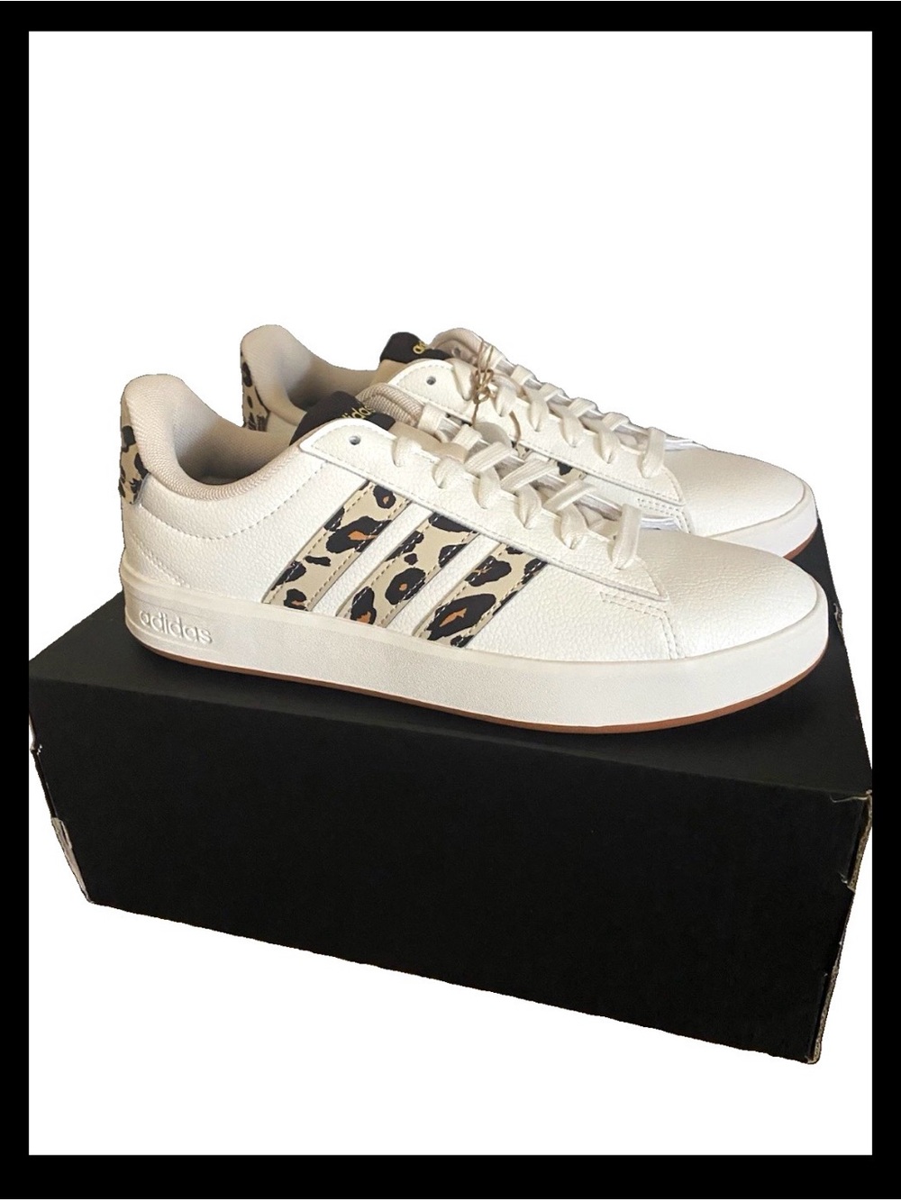 adidas Women’s White Sneakers with Leopard Stripe Detail